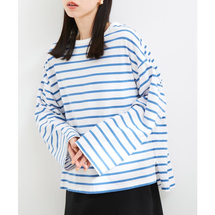 洗える】オーバーサイズボーダーロングTシャツ[品番：VISW0034198