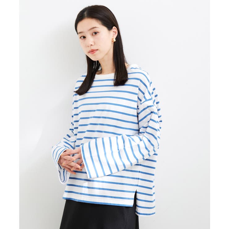 洗える】オーバーサイズボーダーロングTシャツ[品番：VISW0034198