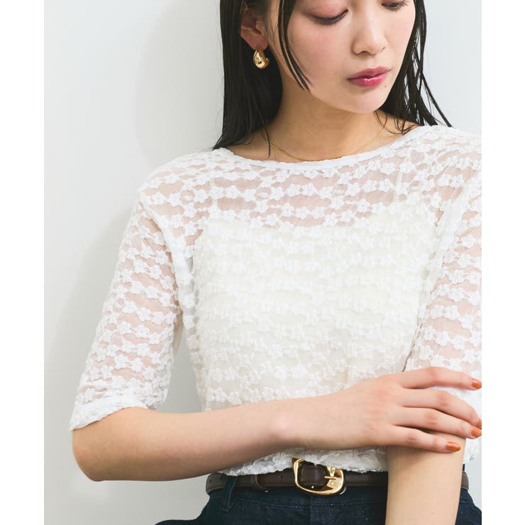 オフホワイト(15) | 【前後2WAY】レース五分袖シアーカットプルオーバー | VIS 