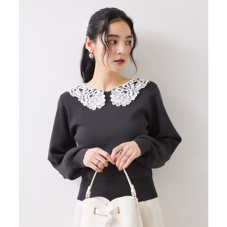 チャコール(06) | レースカラーニットプルオーバー/イージーケア | VIS 