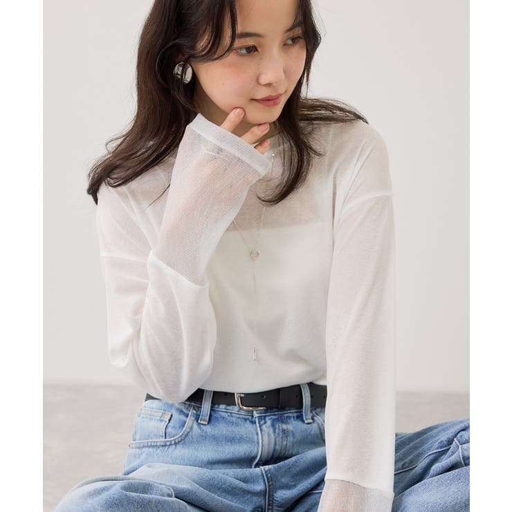 ホワイト(10) | ラメメッシュスリーブ切り替えシアーロンT | VIS 