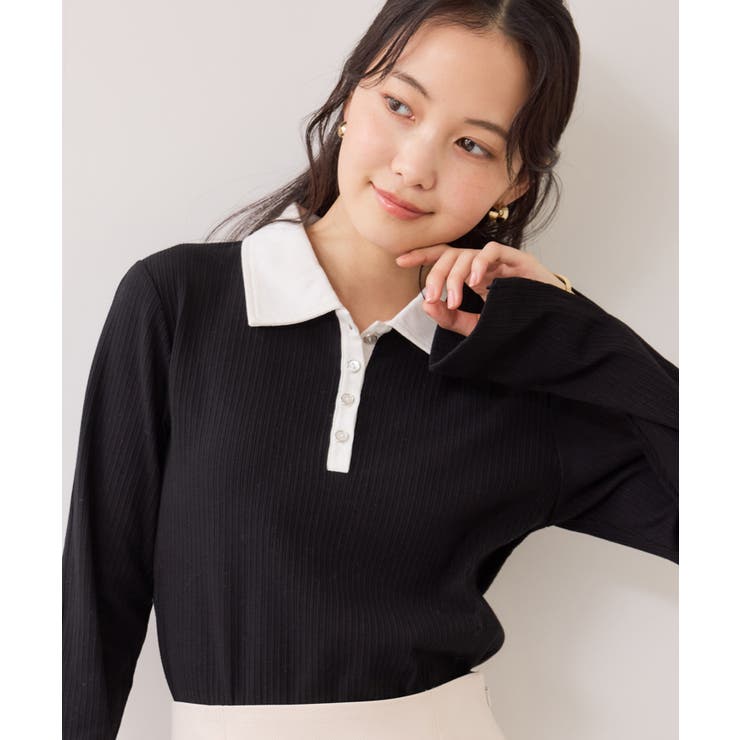 ブラック(01) | バイカラーポロ襟カットソー/イージーケア | VIS 