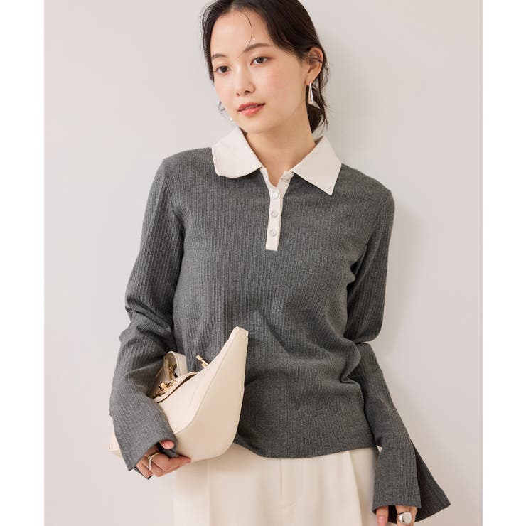 グレー(07) | バイカラーポロ襟カットソー/イージーケア | VIS 