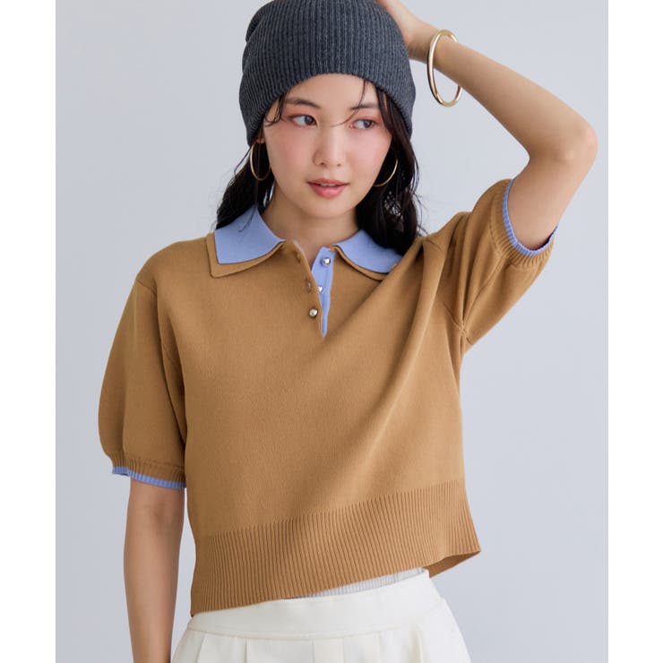 キャメル(25) | ダブルカラー半袖ポロニットトップス/WEB限定カラー | VIS 