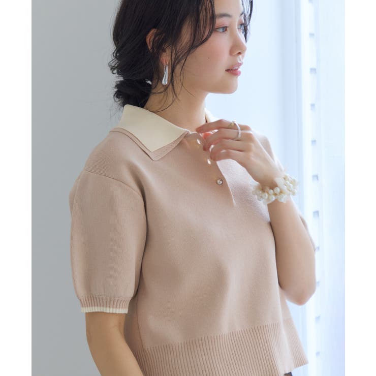ベージュ(27) | ダブルカラー半袖ポロニットトップス/WEB限定カラー | VIS 