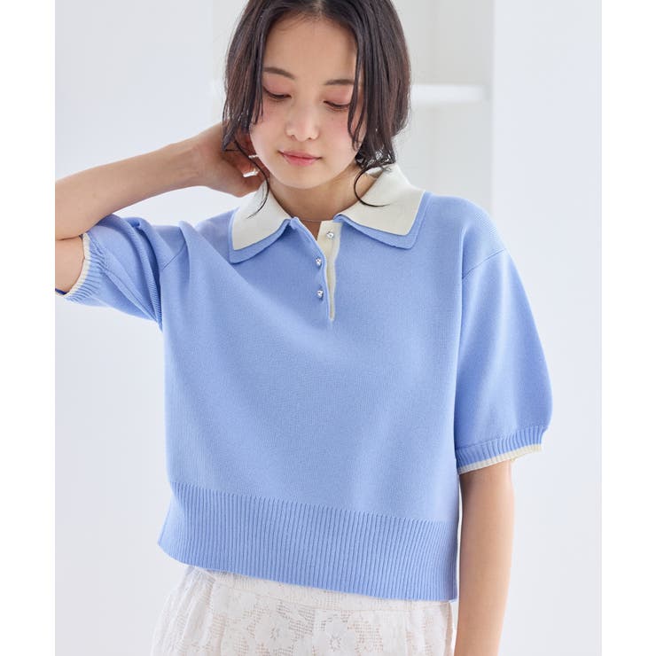 サックス(48) | ダブルカラー半袖ポロニットトップス/WEB限定カラー | VIS 