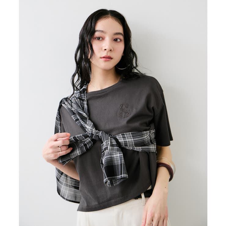 チャコール(06) | ボクシークロップド刺繍Tシャツ | VIS 