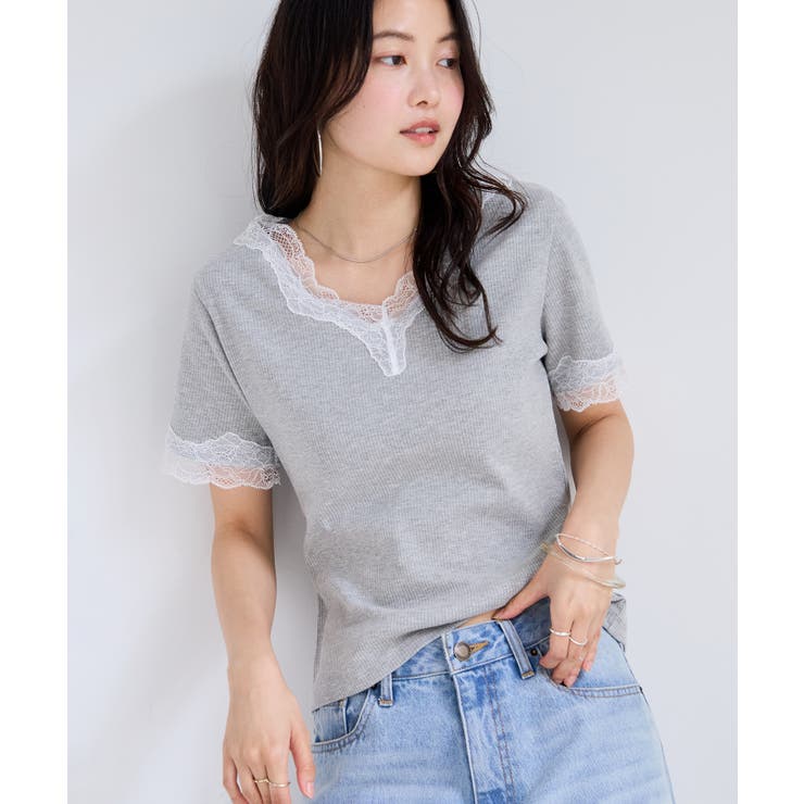 レーストリムVネックTシャツ/汗ジミ加工 | VIS  | 詳細画像1 