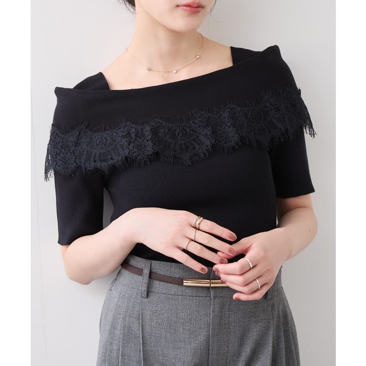 ネイビー(40) | レースドッキングオフショルニット | VIS 