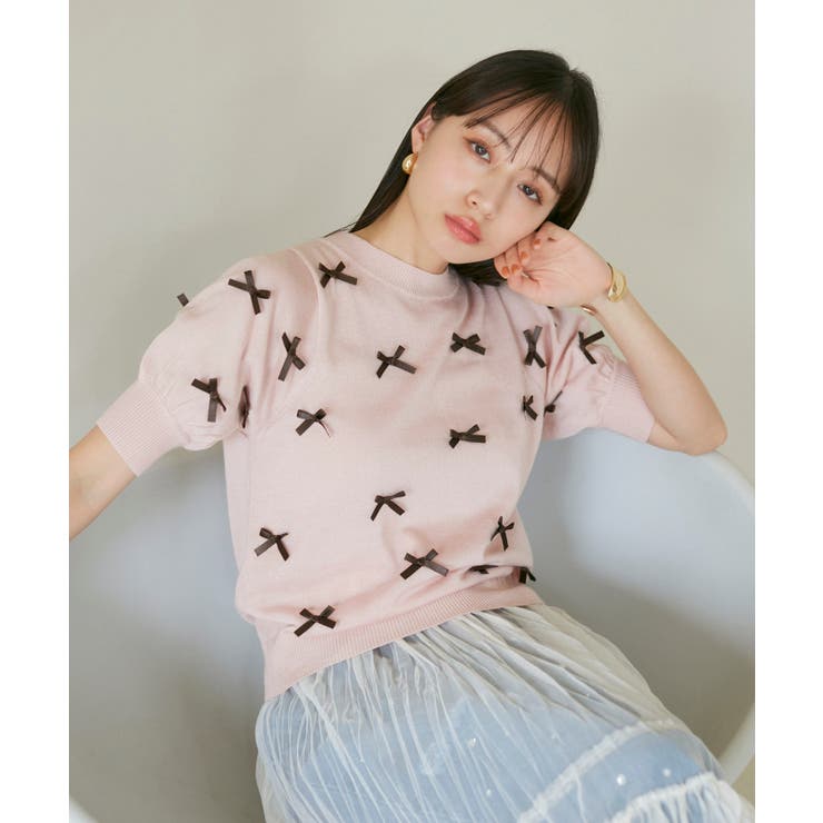 ピンク(63) | リボンハーフスリーブサマーニット | VIS 