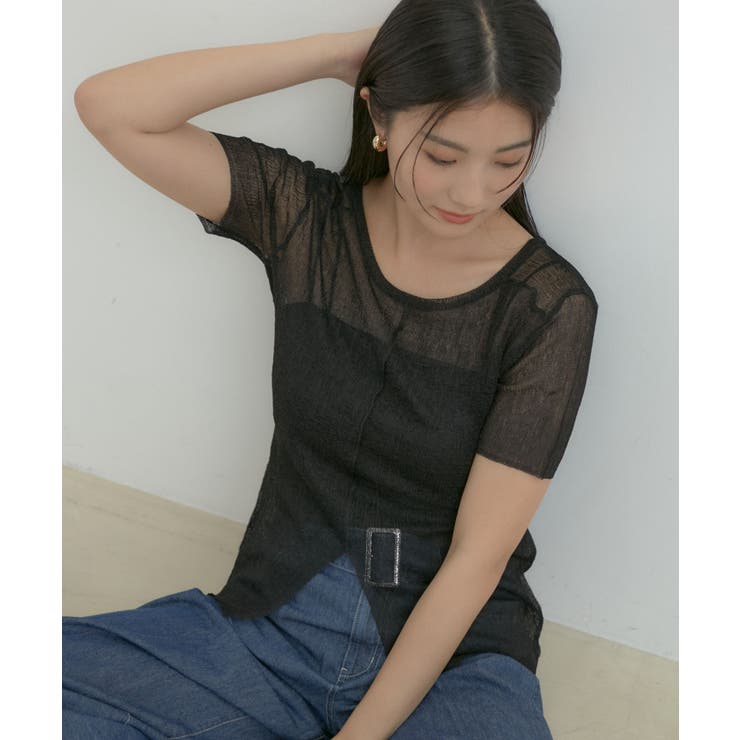 ブラック系(02) | 【洗える】裾スリットシアーニットプルオーバー | VIS 