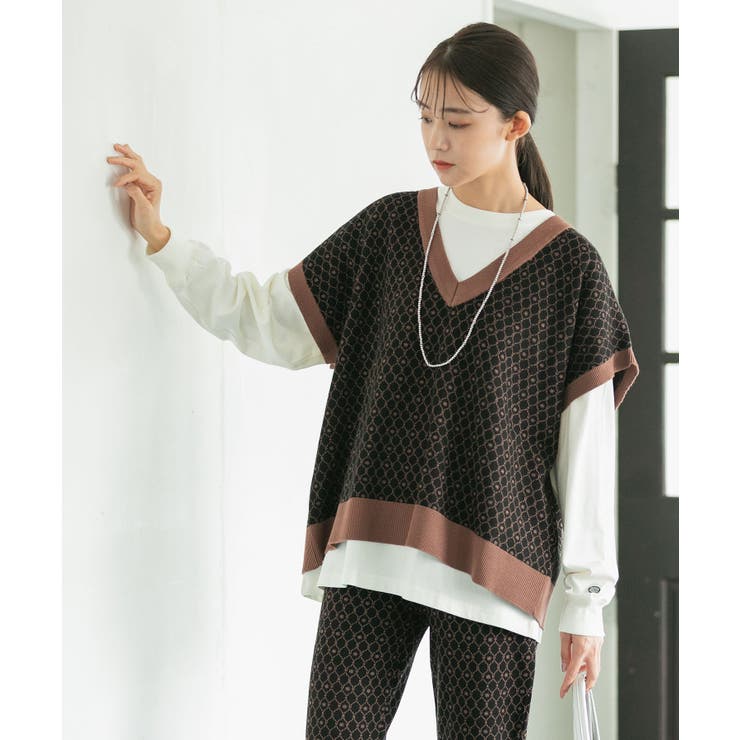 【セットアップ対応】モノグラム柄が映えるVネックジャカードベスト | VIS  | 詳細画像13 