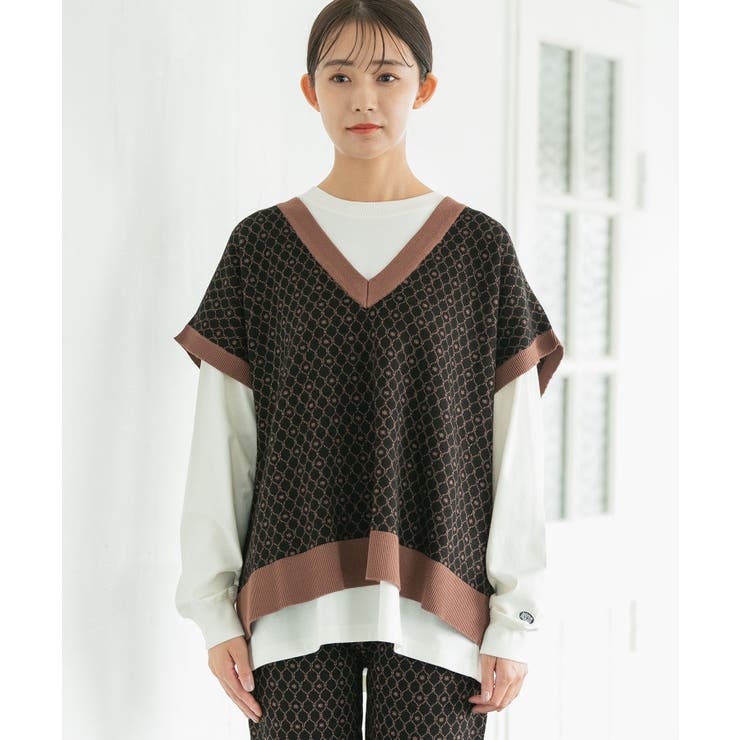 【セットアップ対応】モノグラム柄が映えるVネックジャカードベスト | VIS  | 詳細画像14 