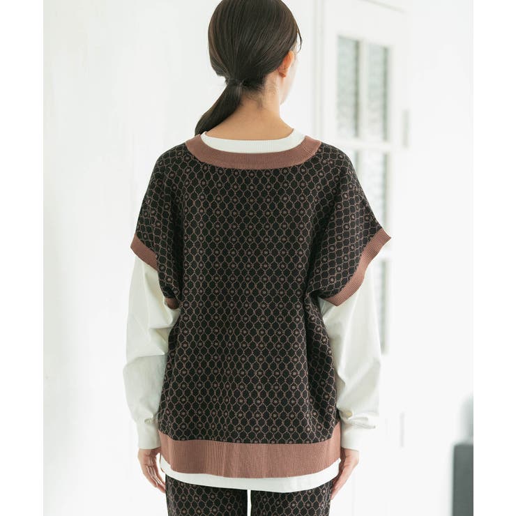 【セットアップ対応】モノグラム柄が映えるVネックジャカードベスト | VIS  | 詳細画像16 