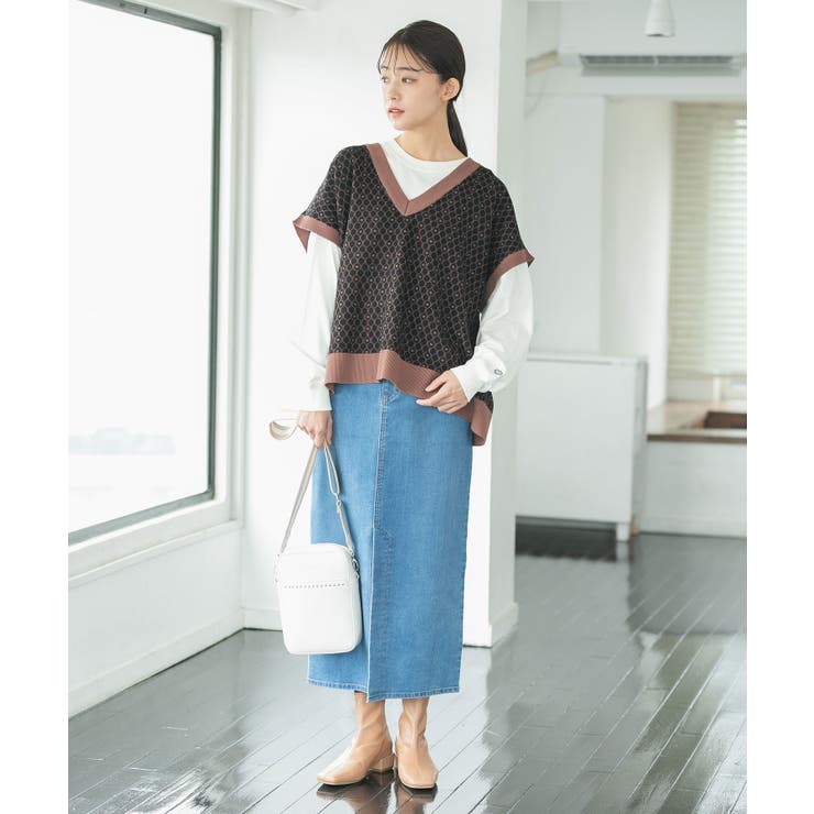 【セットアップ対応】モノグラム柄が映えるVネックジャカードベスト | VIS  | 詳細画像7 