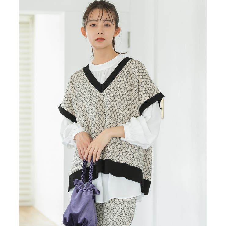 ベージュ系(28) | 【セットアップ対応】モノグラム柄が映えるVネックジャカードベスト | VIS 