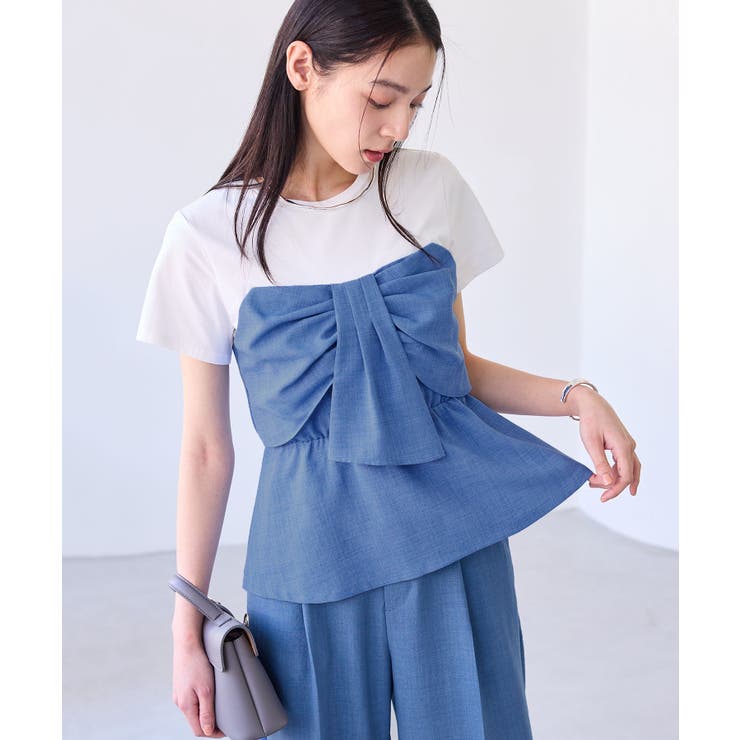 tシャツ ヘリンボーンストライプドッキングプルオーバー レディース Green Parks tシャツ 脇リボン5分袖布帛ドッキングプルオーバー