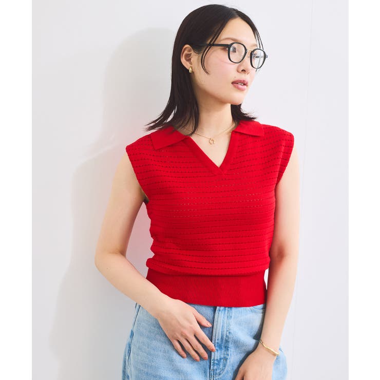 レッド(60) | スキッパーフレンチスリーブアイレットニット | VIS 