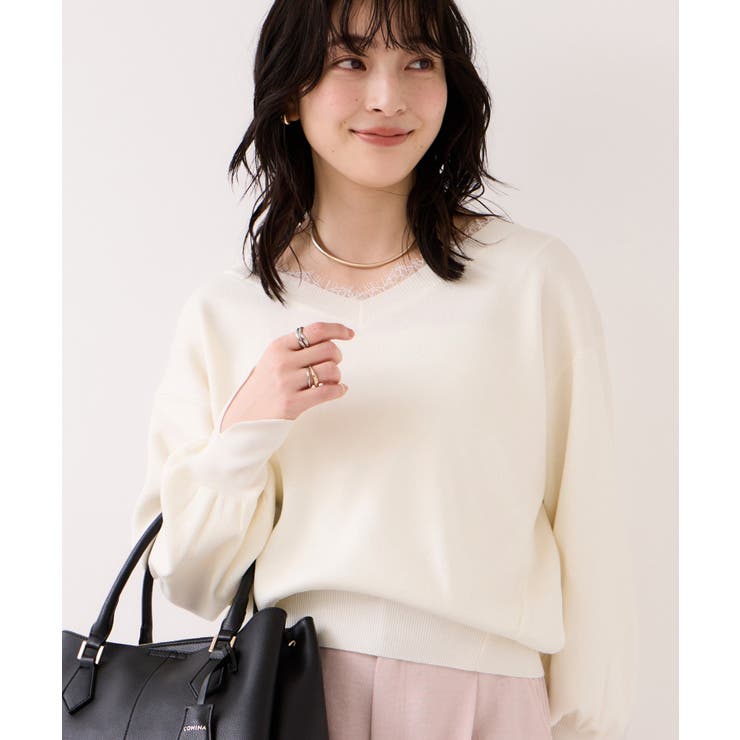 オフホワイト(15) | Vネックレースプルオーバー | VIS 