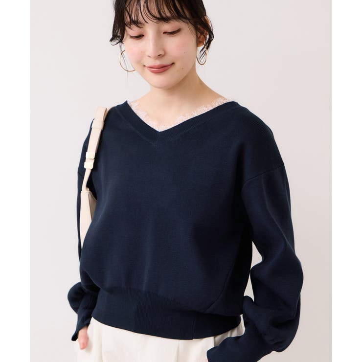 ネイビー(40) | Vネックレースプルオーバー | VIS 