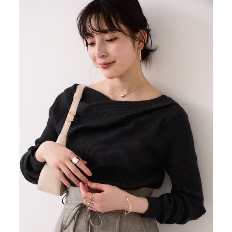 ブラック(01) | ドレープオフショルダーリブニット/イージーケア | VIS 