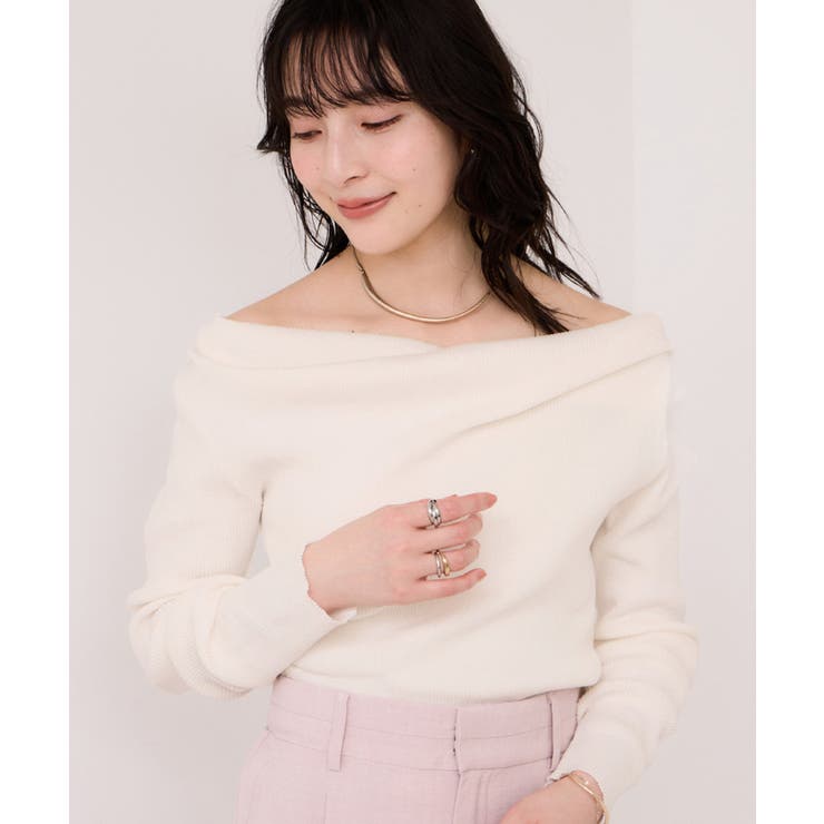オフホワイト(15) | ドレープオフショルダーリブニット/イージーケア | VIS 