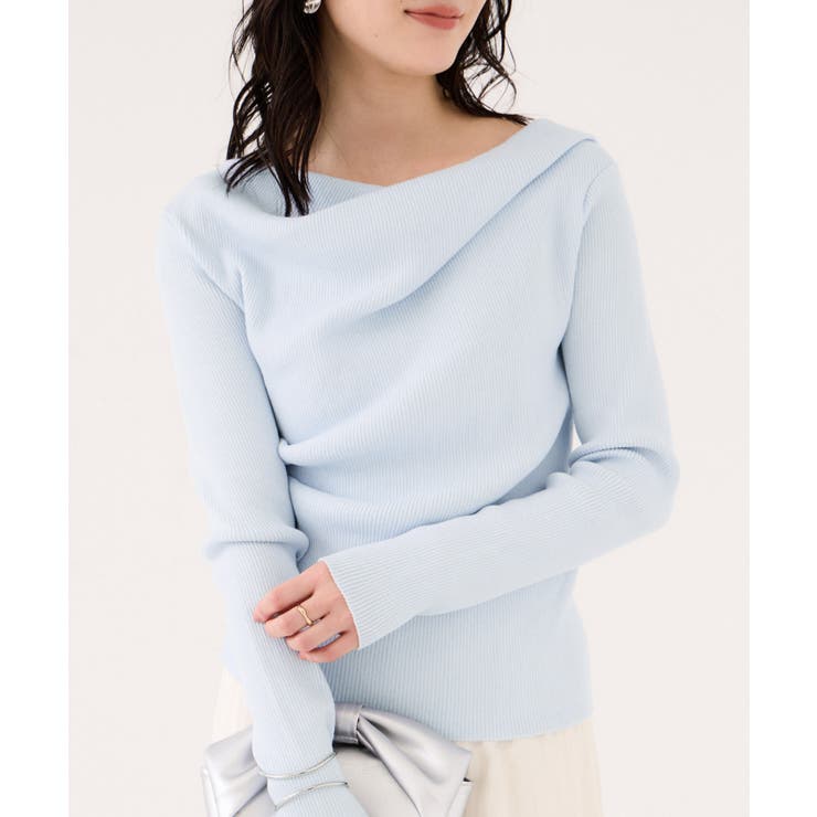 サックス(48) | ドレープオフショルダーリブニット/イージーケア | VIS 