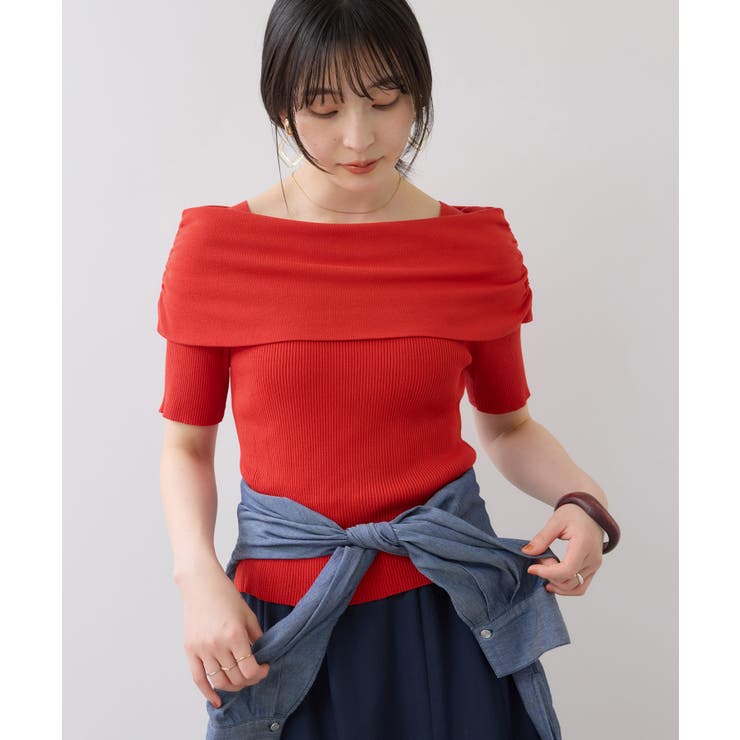 レッド系(62) | サイドギャザーオフショル5分袖ニット | VIS 