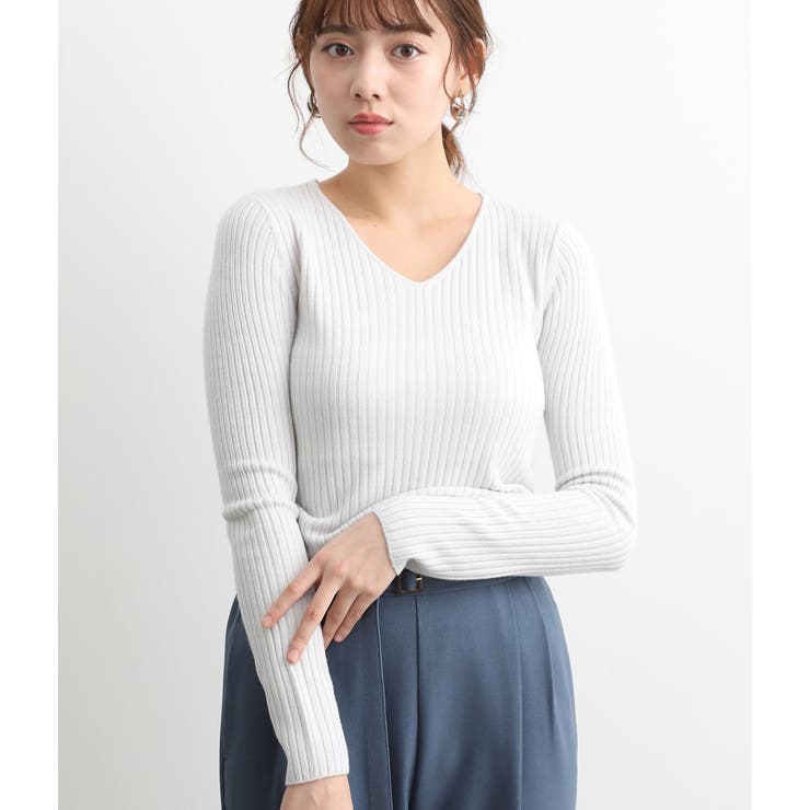 グレー(07) | カシミヤタッチワイドリブ編みVネックプルオーバー | VIS 