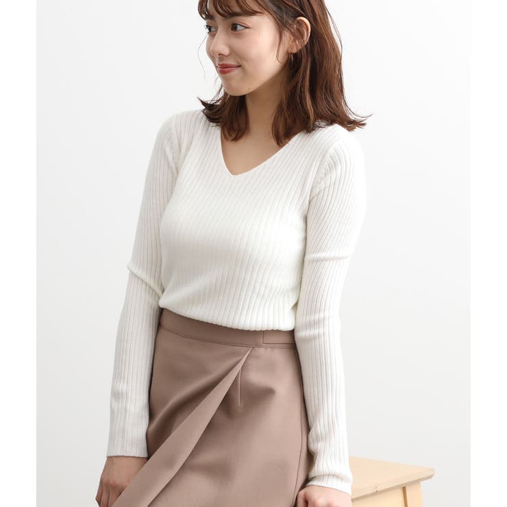 ホワイト(10) | カシミヤタッチワイドリブ編みVネックプルオーバー | VIS 