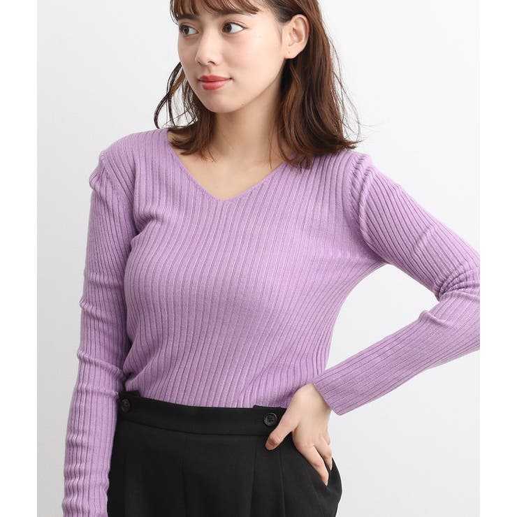パープル(50) | カシミヤタッチワイドリブ編みVネックプルオーバー | VIS 