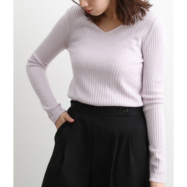 ラベンダー(52) | カシミヤタッチワイドリブ編みVネックプルオーバー | VIS 