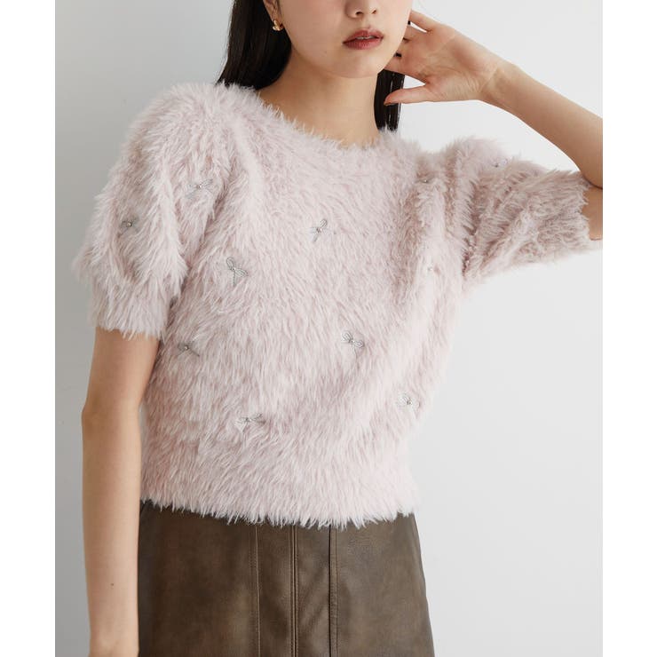 ピンク(63) | フェザーヤーンリボン刺繍ビーズニット | VIS 