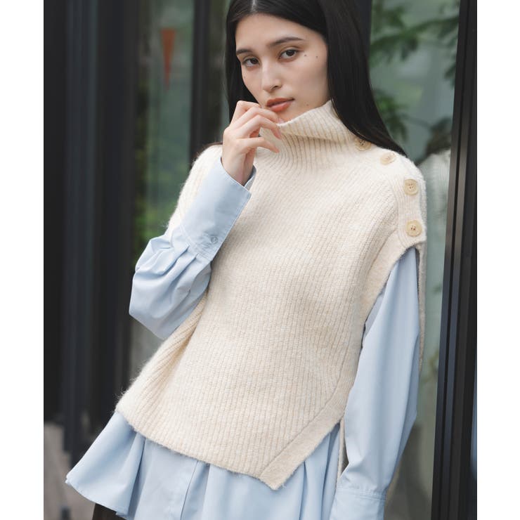 ラメ混ボタンデザインポンチョベスト[品番：VISW0046216]｜VIS （ビス