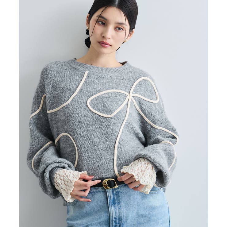 グレー(07) | 【新色追加】【洗える】ハート＆リボンコード刺繍ニットプルオーバー | VIS 