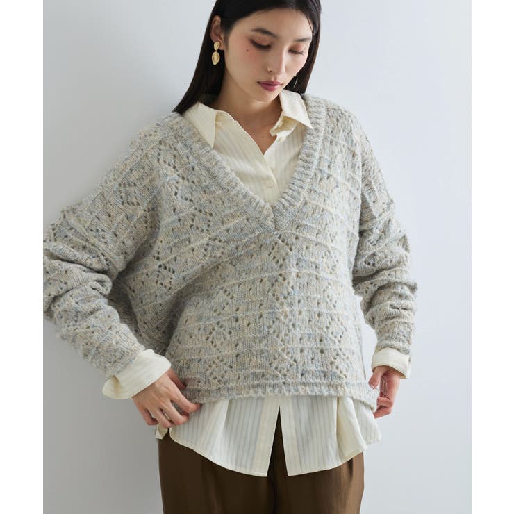 ベージュ系(28) | ミックスカラー深Vネックニット | VIS 