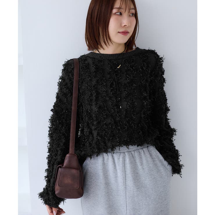 チャコール(06) | リボンヤーンフリンジニットプルオーバー | VIS 