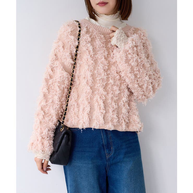 ピンク系(65) | リボンヤーンフリンジニットプルオーバー | VIS 