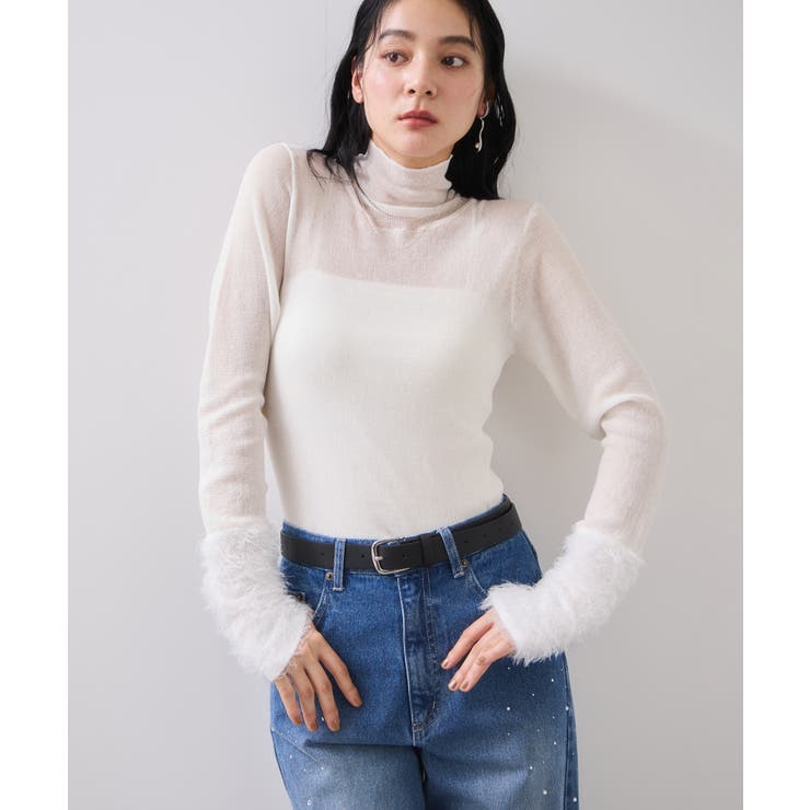 ホワイト(10) | フェザー切り替えスリーブシアータートルニット | VIS 