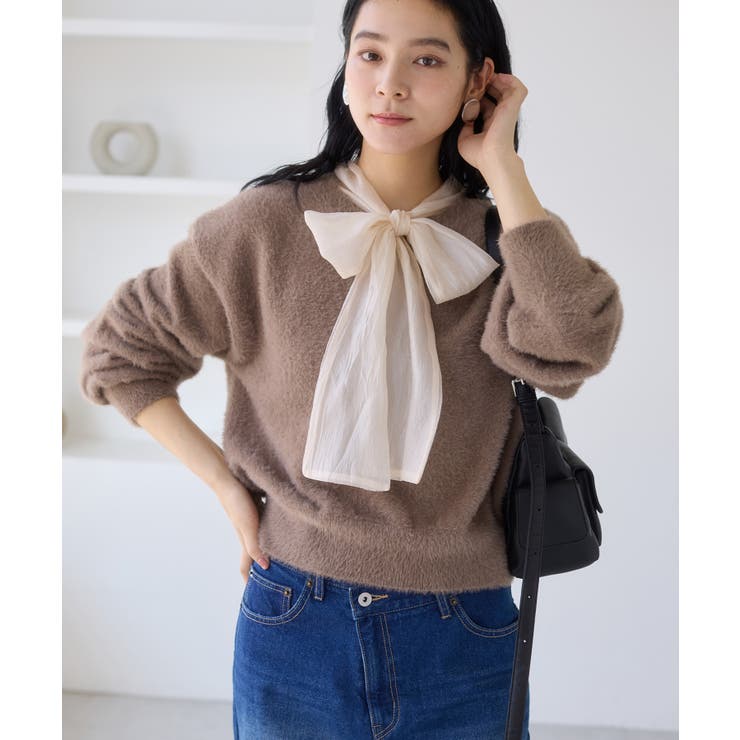 シアーボウタイリボン付きフェザーニットプルオーバー/2WAY・イージーケア | VIS  | 詳細画像18 