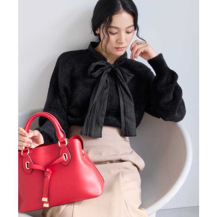 ブラック(01) | シアーボウタイリボン付きフェザーニットプルオーバー/2WAY・イージーケア | VIS 