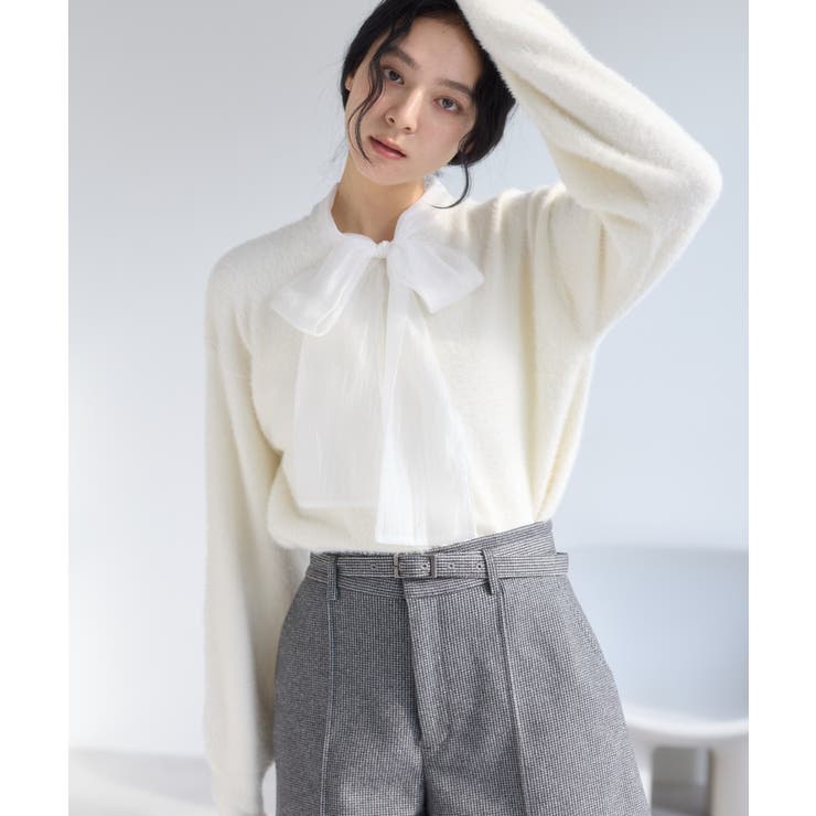 オフホワイト(15) | シアーボウタイリボン付きフェザーニットプルオーバー/2WAY・イージーケア | VIS 