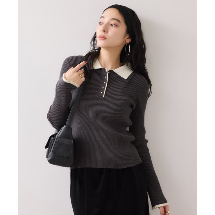 チャコール(06) | ダブルカラーポロニットトップス | VIS 