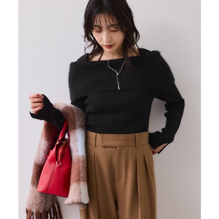 ブラック(01) | フェザーヤーンオフショルもちもちリブニット/イージーケア | VIS 