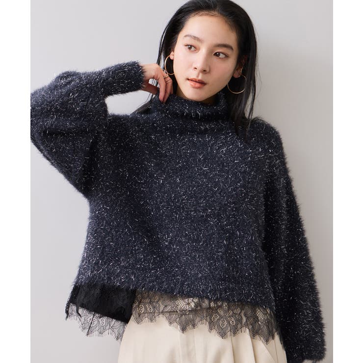 ネイビー(40) | ラメフェザー裾レースハイネックニット | VIS 