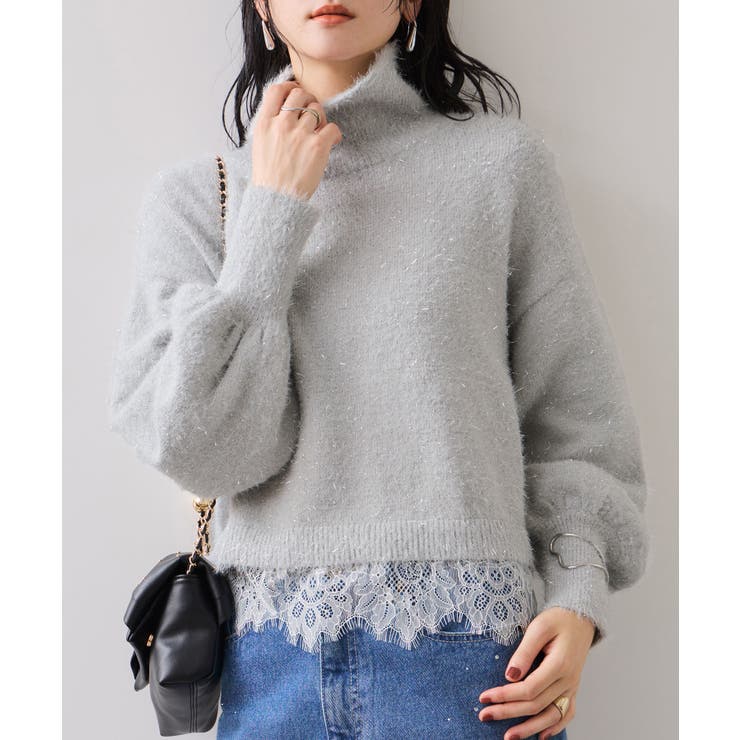 サックス(48) | ラメフェザー裾レースハイネックニット | VIS 