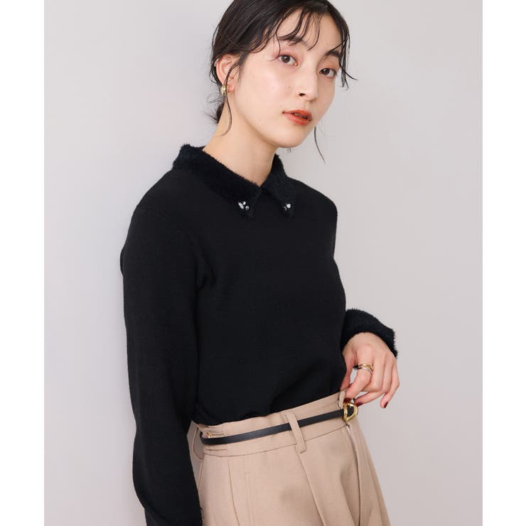 ブラック(01) | ビジュー付きシャギーカラーニットトップス | VIS 