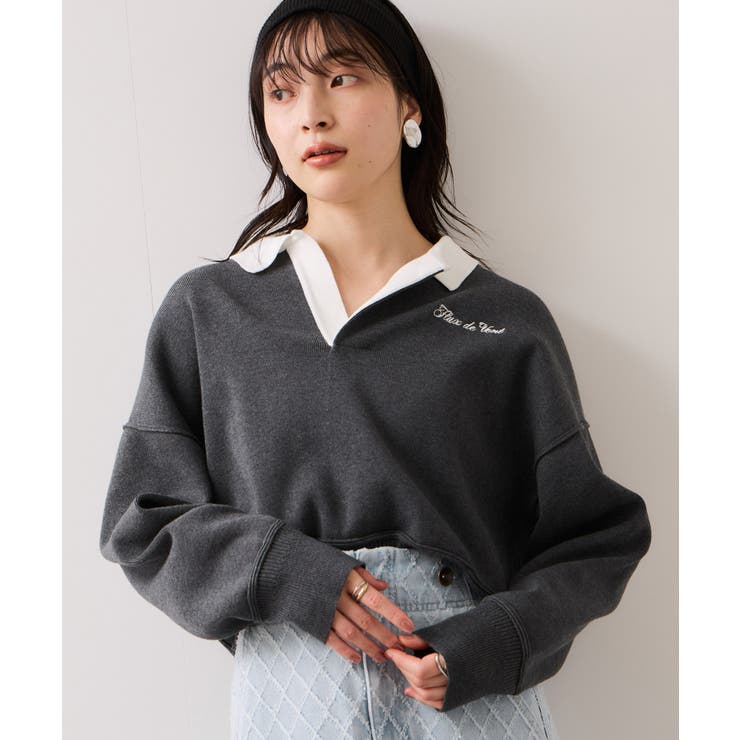 チャコール(06) | ワンポイント刺繍ポロニットプルオーバー | VIS 