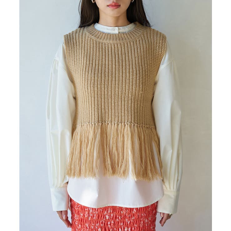 COOHEM フリンジ ベージュ ベスト フリンジニットベスト[品番：VISW0040984]｜VIS （ビス ）のレディース