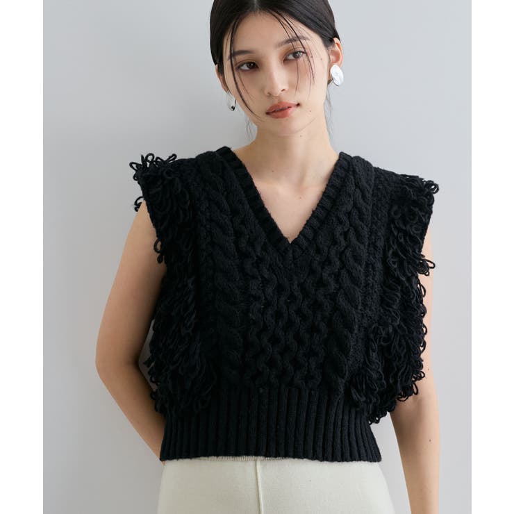 WEB/一部店舗限定】編地切り替えフリンジループニットベスト[品番